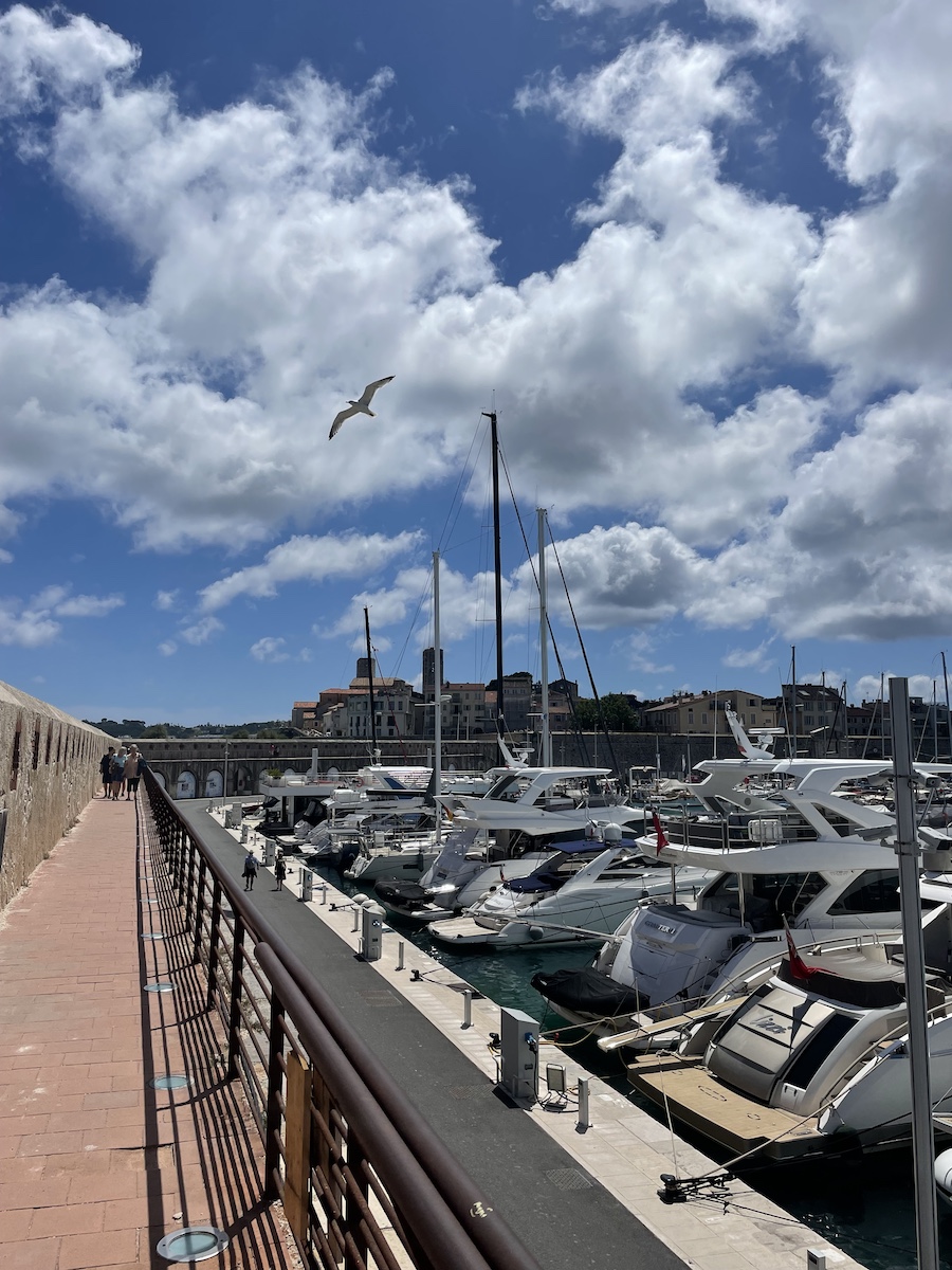 Yachts lined up parallel to a sidewalk