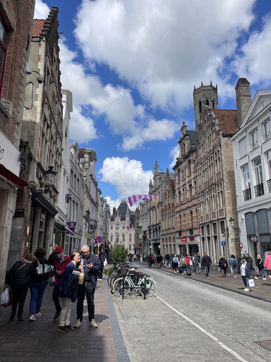 Fancy skinny houses with banners, shopping street