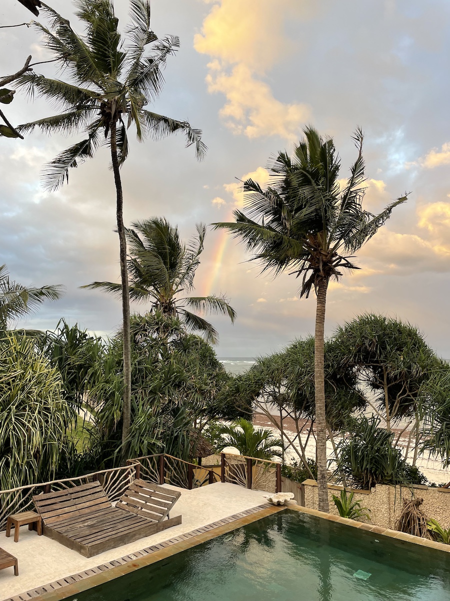 A pool with chairs, palm trees in background with a rainbow in sky