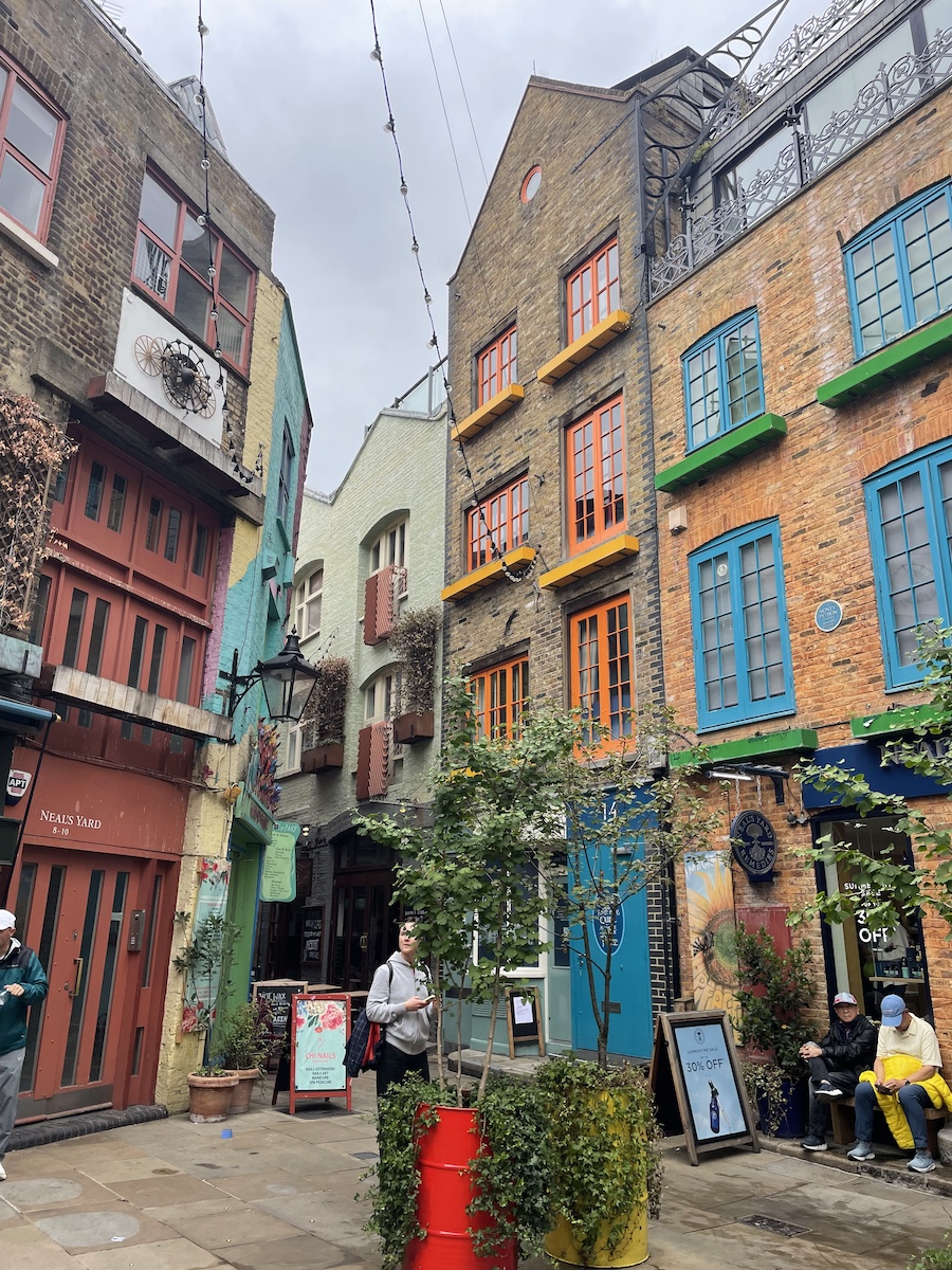Colorful buildings and window frames in walkway