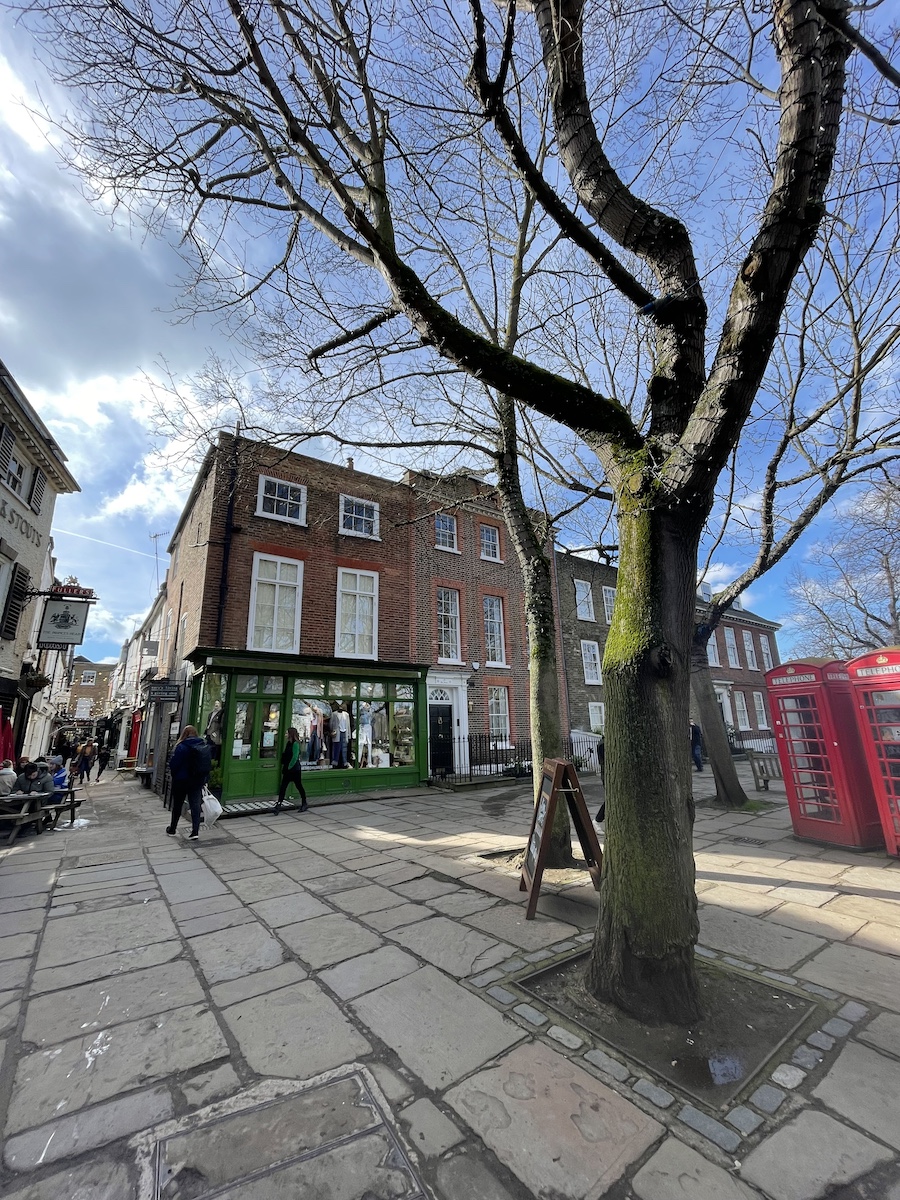 Corner view of famous building and alley shown on 'Ted Lasso' show