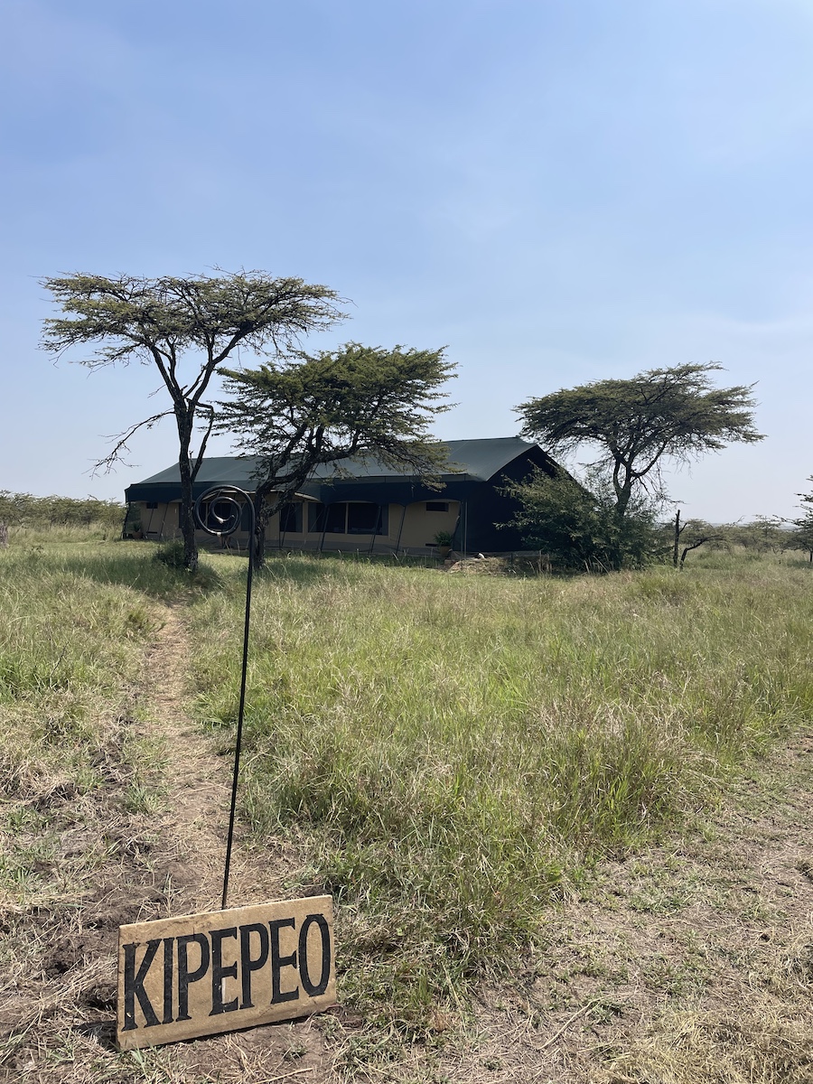 A 'Kipepeo' sign in front of a large tent surrounded by some trees