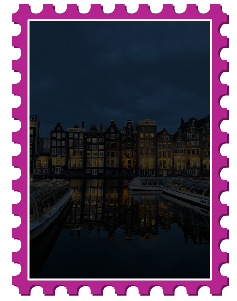 About 10 amsterdam canal houses on the water, tinted black to display text