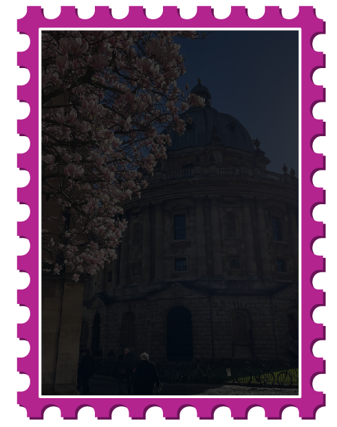 herry blossoms in front of Radcliffe Camera, tinted black to display text